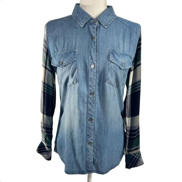 Rails XSmall Blue Chambray & soft Plaid Long Sleeve Shirt - Picture 1 of 10